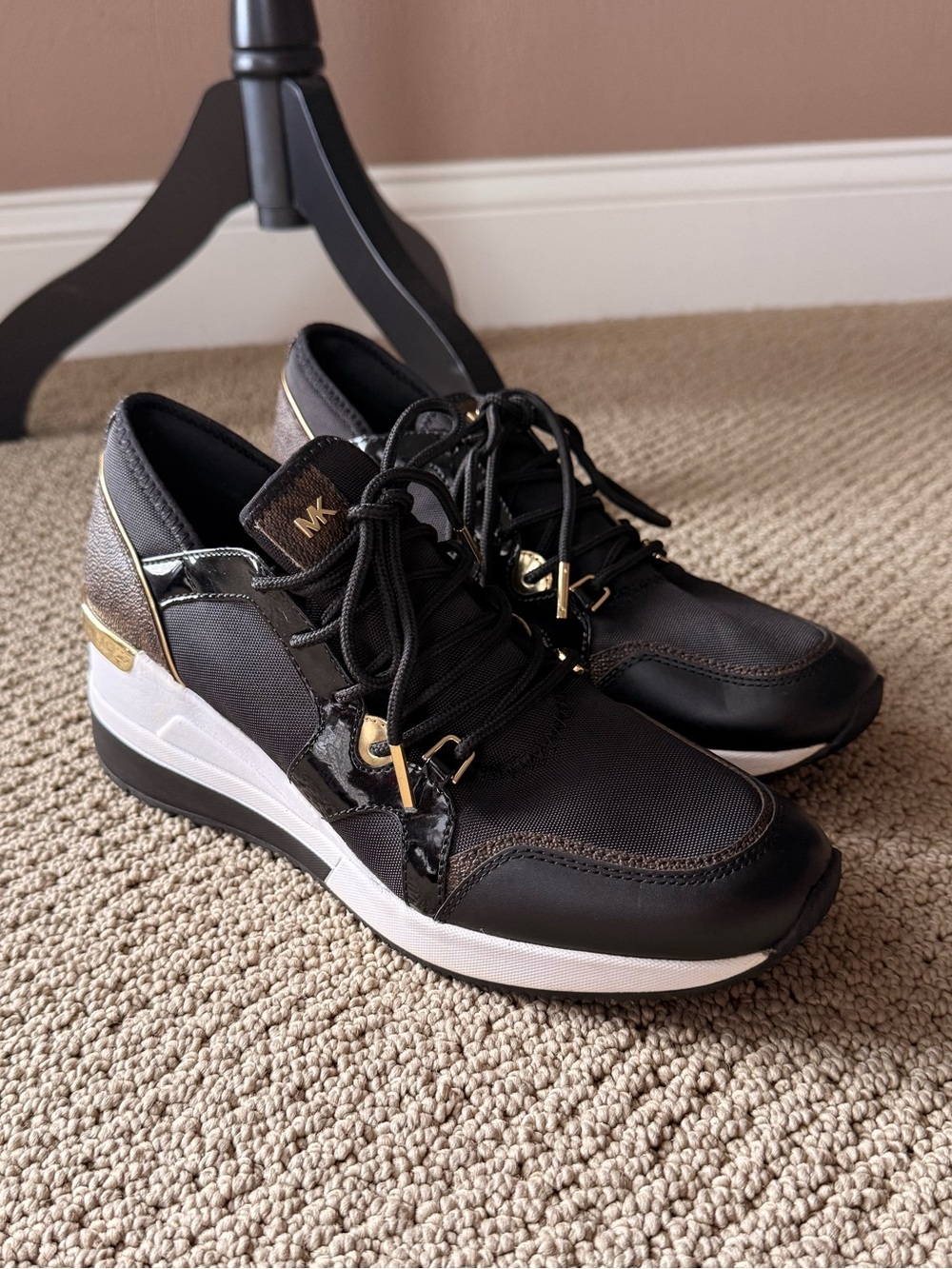 Michael Kors Black Lace up Tennis Shoes with Gold Accents